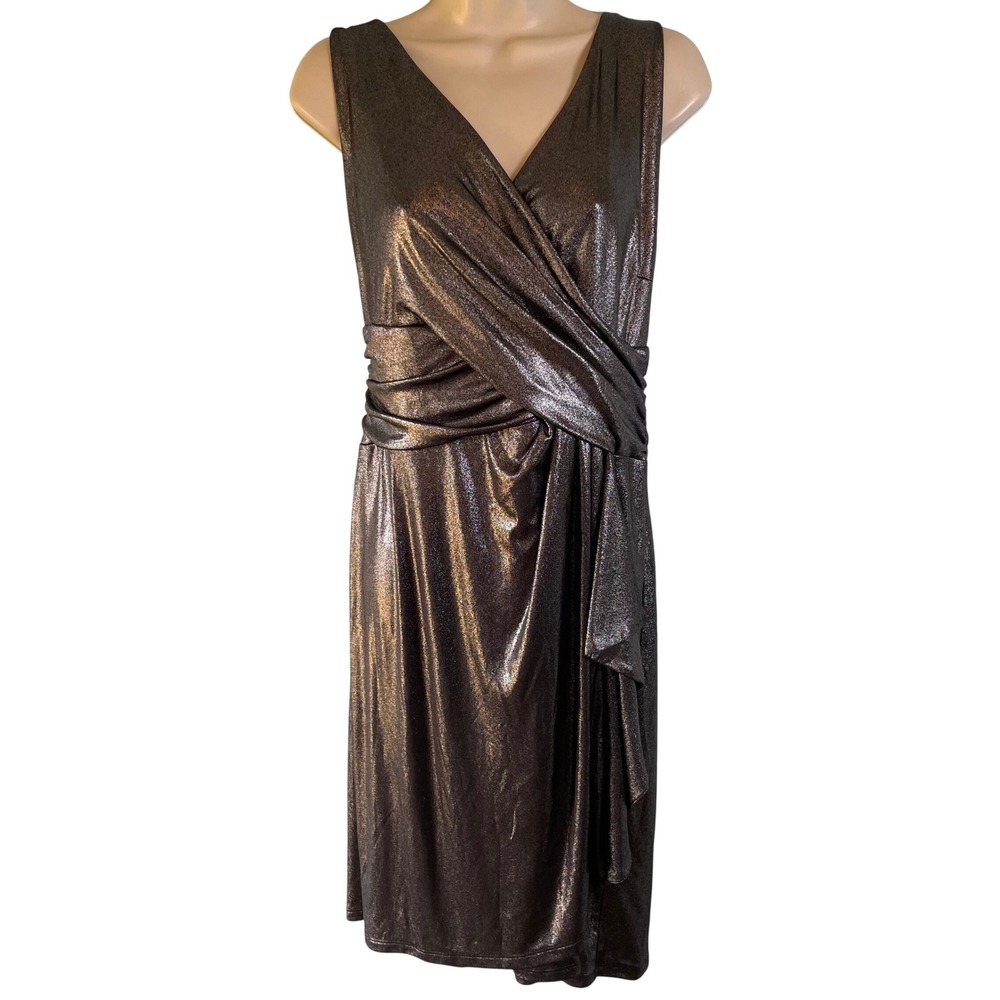 NWT Chaps Women's L Silver Metallic Faux Wrap Dress Sleeveless Party Cocktail‎